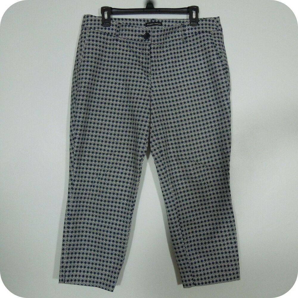 HILARY RADLEY Cropped Pants size 10 Womens Geometric Printed Blue White